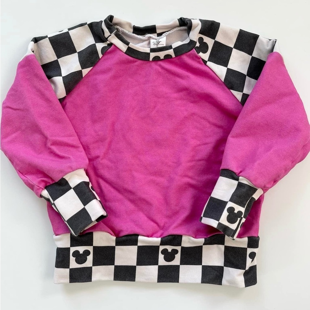 🇨🇦 Where Wildflowers Grow Pink and Checkered Sweatshirt with Mickey Mouse Design